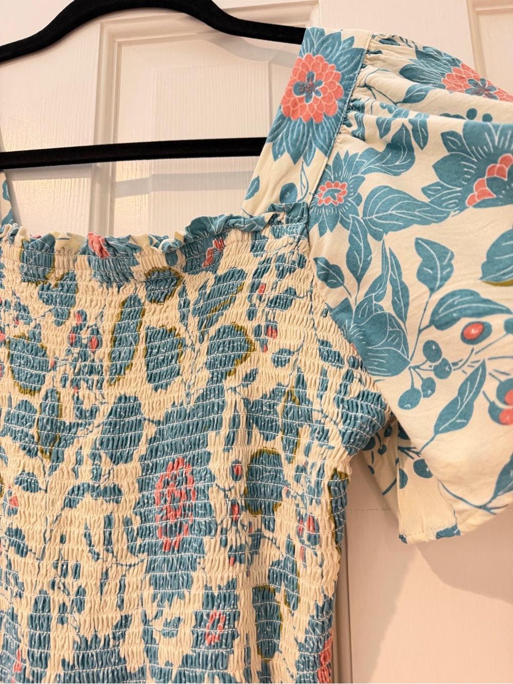 Angie Cream Mini Dress with Teal and Coral Floral Print - Picture 6 of 7
